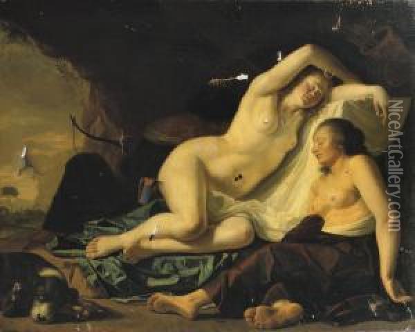 Diana And Her Nymphs Resting In A Grotto Oil Painting - Willem Verschwer