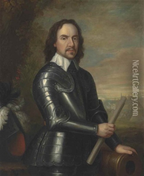 Portrait Of Oliver Cromwell (1599-1658), Three-quarter-length, In Armour, Holding A Baton In His Right Hand, His Left Hand Resting On A Canon, An Encampment And A City Beyond Oil Painting - Robert Walker