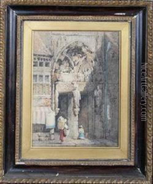 Street Vendors At An Ecclesiastical Doorway Oil Painting - Samuel Prout