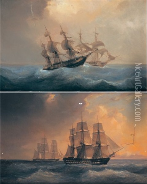 Navires Sur Une Mer Agitee (+ Another, Similar; Pair) Oil Painting - Barthelemy Lauvergne