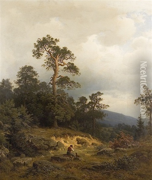 Resting Man In A Romantic Landscape Oil Painting - Heinrich Ludwig Frische