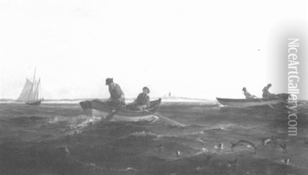 Figures In Two Rowboats Hauling In Nets Oil Painting - J.S. Ryder