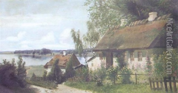 View Of A Lake With Cottages In The Foreground Oil Painting - Jeppe Madsen Ohlsen