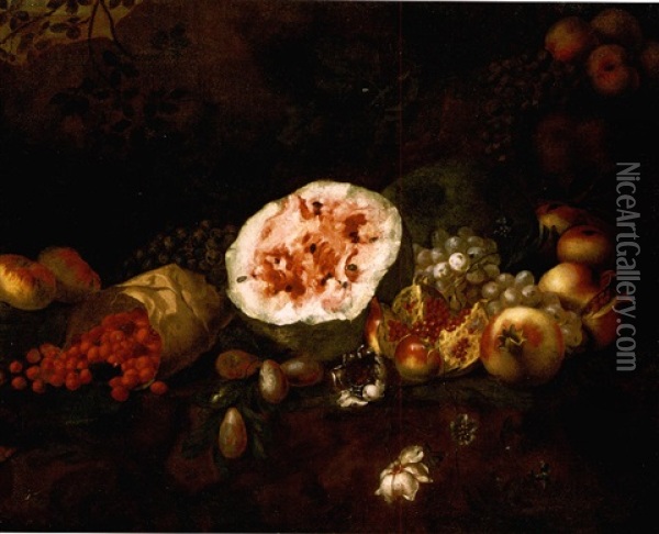 Still Life Of A Watermelon, Pomegranates, Grapes, Wild Strawberries, Apples And Plums In A Landscape Oil Painting - Giuseppe Ruoppolo