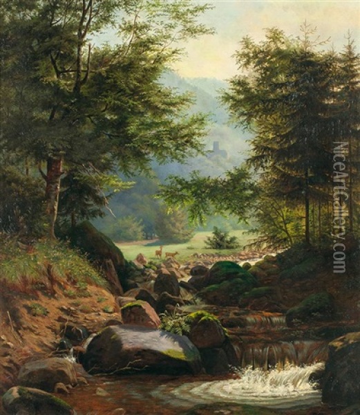 Deer By A Mountain Stream Oil Painting - Hermann Herzog