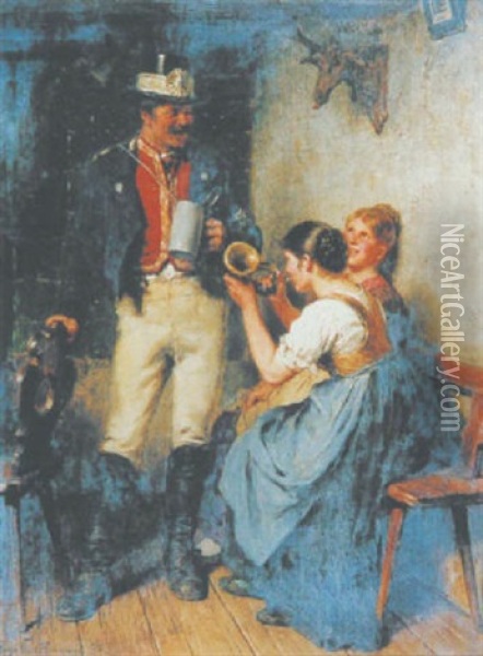 Der Postbote Beim Schwatz Mit Zwei Jungen Frauen Oil Painting - Hugo Wilhelm Kauffmann