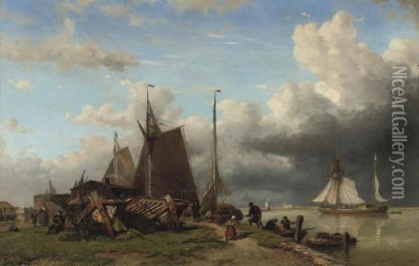 A Busy Shipyard With Vessels Of 
The Noord-zuid Hollandsche Reddingsmaatschappij On The Quay Oil Painting - W.A. van Deventer