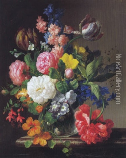 Bunter Blumenstrauss In Einer Glasvase Oil Painting - Josef Lauer