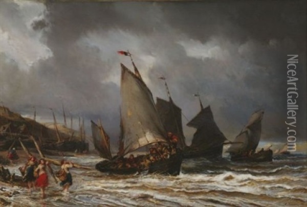 Depart Pour La Peche Oil Painting - Louis-Gabriel-Eugene Isabey