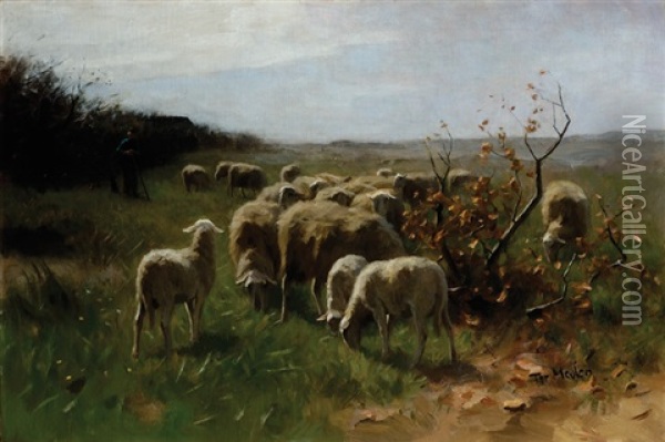 A Shepherd With A Flock Of Sheep Oil Painting - Francois Pieter ter Meulen