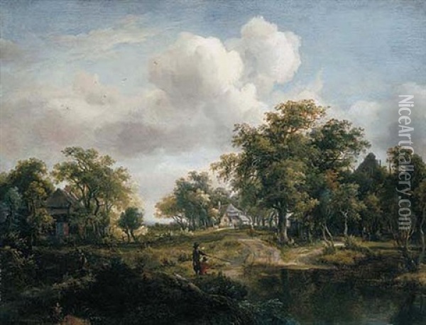 A Woodland Glade With Anglers By A Pool In The Foreground, Cottages Beyond Oil Painting - Meindert Hobbema