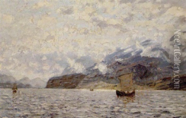 Norwegischer Fjord Mit Segelschiffen Oil Painting - Adelsteen Normann