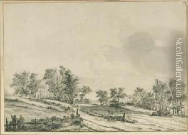 An Wooded Landscape With Travellers By A Fence Oil Painting - Jan Wijnants