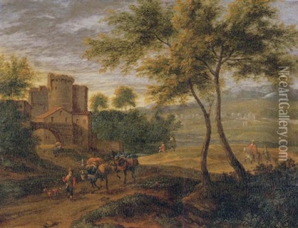 A Landscape With Travellers By The Gates Of A Castle Oil Painting - Pieter Bout