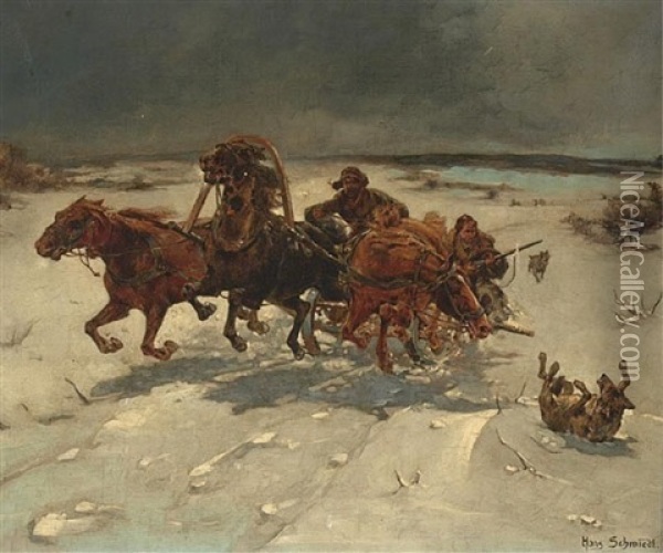 Winter Landscape With Hunters Oil Painting - Hans Schmidt