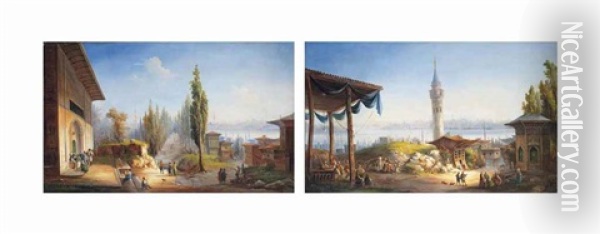 A View Of Constantinople From Scutari Over The Bosphorus With Figures By A Fountain; A View Of Constantinople Over The Galata Tower... (pair) Oil Painting - Carlo Bossoli