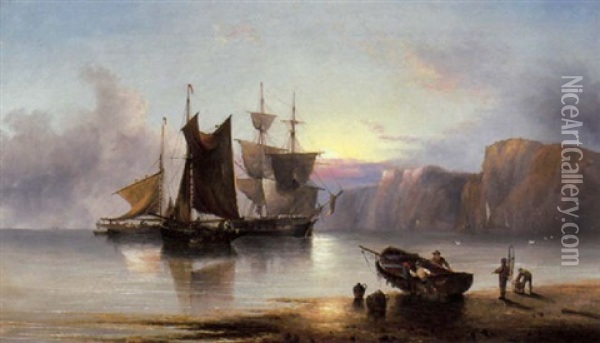 An Anchored Merchantman And Traders Off The North East Coast At Dusk Oil Painting - Henry Redmore