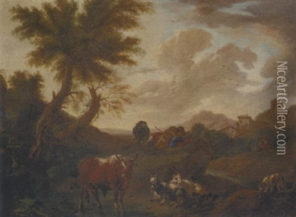 An Italianate Landscape With A Herdsman And His Cattle Oil Painting - Jacob (Rosa di Napoli) Roos