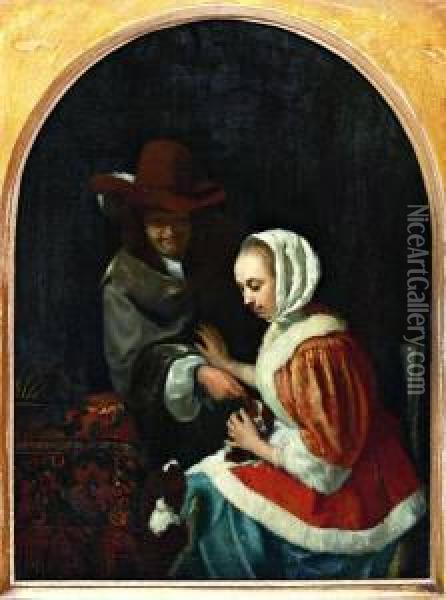 Amoureus Paar Met Hondjes Oil Painting - Johannes Christoffel Vaarberg