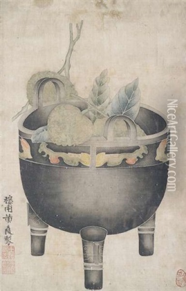 Paar Malereien Mit Bronzegefasen, Bluten Und Fruchte (pair) Oil Painting -  Huang Shiling