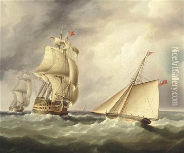 A Cutter Yacht Passing Under The Bow Of H.m.s. Queen In The Channel Oil Painting - James Edward Buttersworth