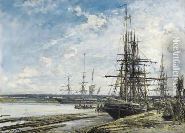 Moored Sailing Vessels On The River Maas Near Rotterdam Oil Painting - Johan Barthold Jongkind