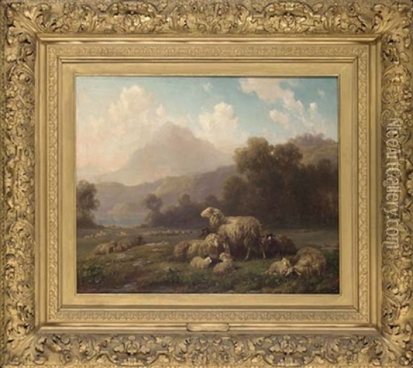 Sheep Grazing, A Mountainous Landscape Beyond Oil Painting - Louis (Ludwig) Reinhardt