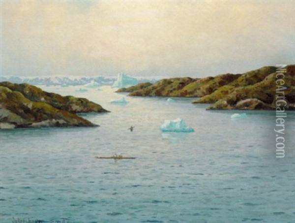 Fjordparti Med Gronlaendere I Kajak Oil Painting - Emanuel A. Petersen