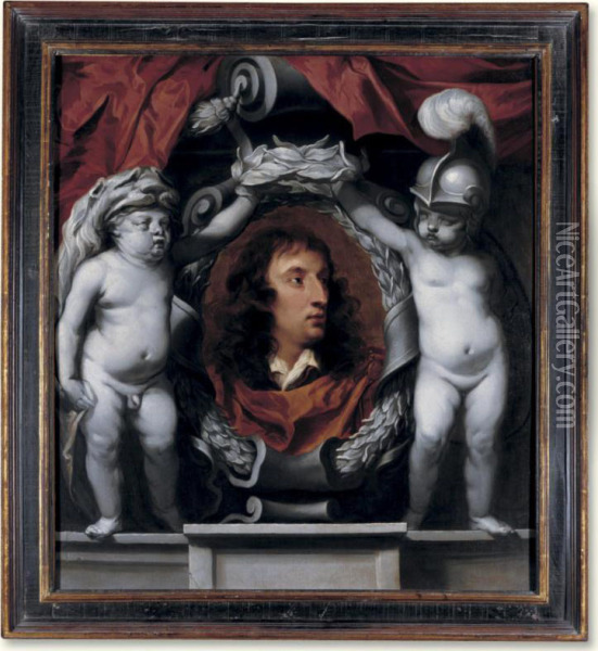 Portrait Of A Royalist General, Possibly The Earl Of Sandwich, Supported By Putti Dressed As Minerva And Hercules Oil Painting - Isaac Fuller