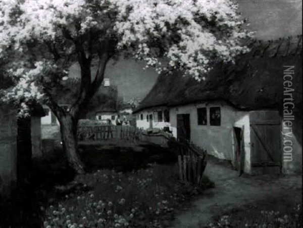 Farmscene With Cottages, Figures And Flowering Apple Tree Oil Painting - Hans Andersen Brendekilde