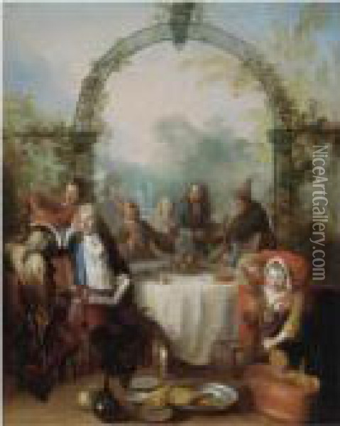 Elegant Figures Dining In A Garden Setting Oil Painting - Antoine Pesne