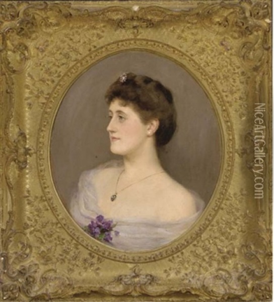 Portrait Of Countess Jeanne Augusta Skipwith In Evening Dress With Violets Attached To Her Dress Oil Painting - Frank Markham Skipworth