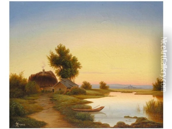 Abendstimmung Am Gewasser Oil Painting - Anton Zwengauer the Elder