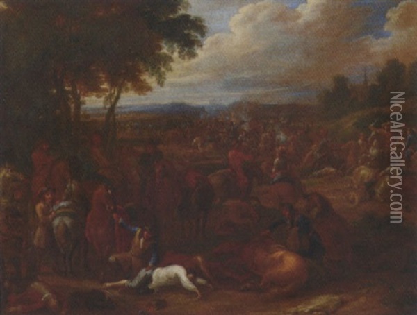 A Wooded Landscape With A Cavalry Skirmish Oil Painting - Lambert de Hondt