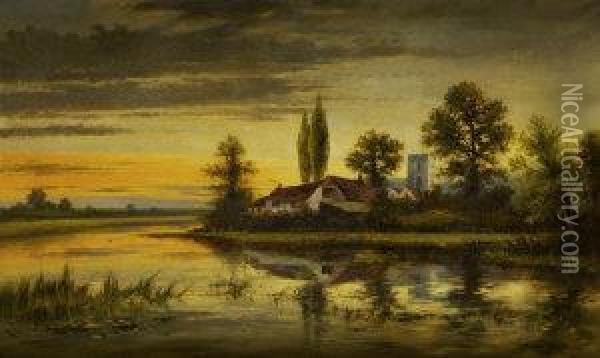 Riverside Village At Evening Oil Painting - Arthur Henry Howard Heming