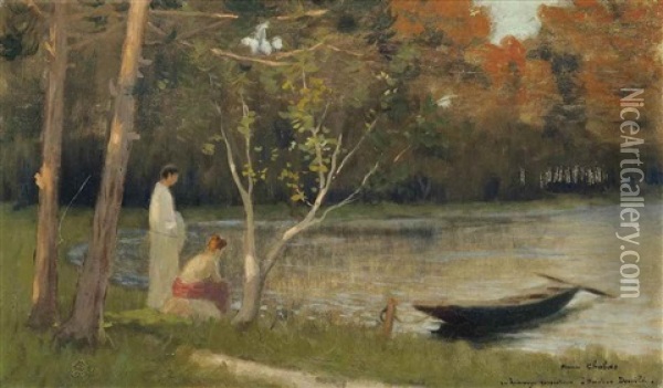On The Riverbank Oil Painting - Maurice Chabas