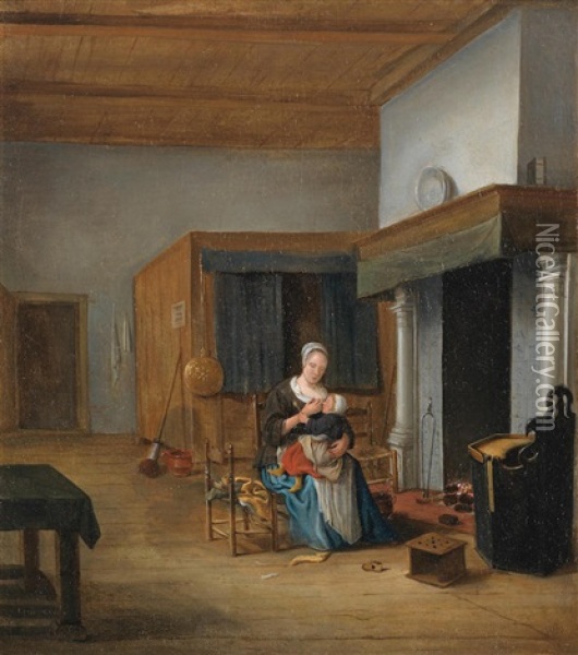 An Interior With A Woman Nursing Her Child Oil Painting - Franciscus Carre