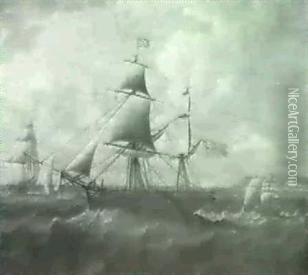 An Eighteen-gun Brig/sloop Offthe English Coast. Oil Painting - Thomas Buttersworth