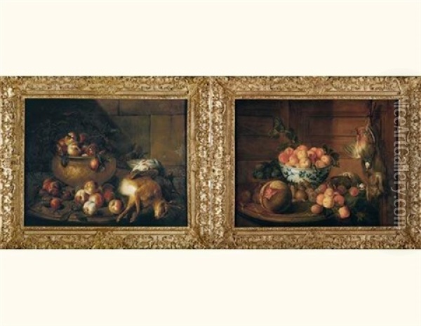 Nature Morte A La Coupe D'abricots Et Au Retour De Chasse, Sur Fond De Mur De Boiserie Et Entablement De Marbre (+ Nature Morte Au Panier De Peches Et Au Retour De Chasse; Pair) Oil Painting - Alexandre Francois Desportes