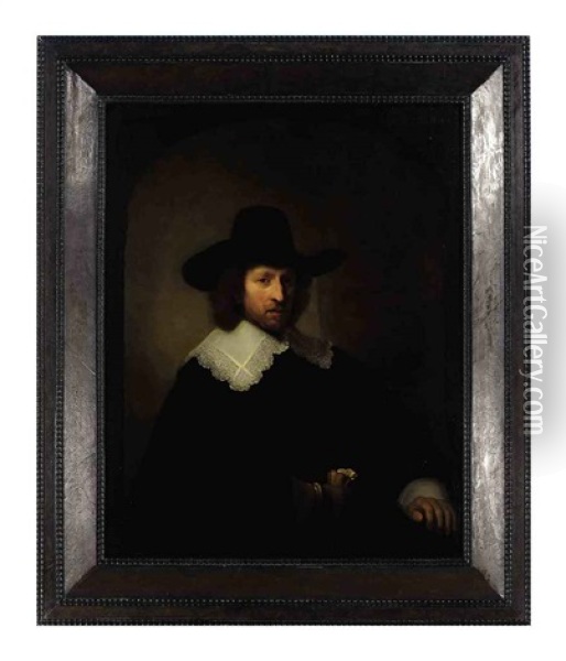 Portrait Of Nicolaes Bambeeck, In A Black Costume With Lace Collar And Cuffs And A Black Hat, Holding Gloves Oil Painting -  Rembrandt van Rijn