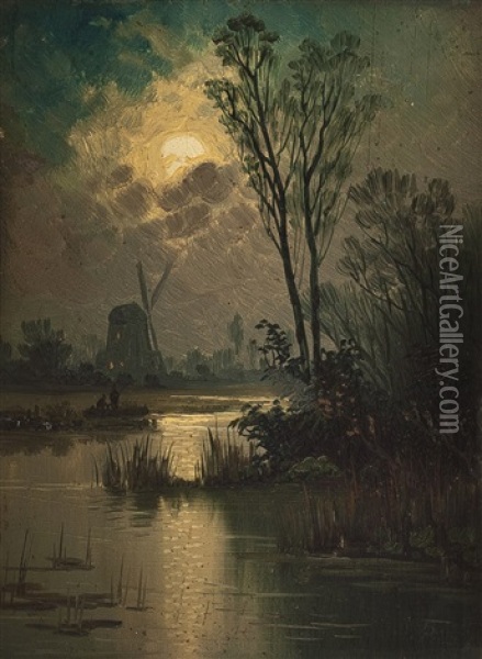 Nachtliche Seenlandschaft Mit Windmuhle Oil Painting - Johann Jungblut