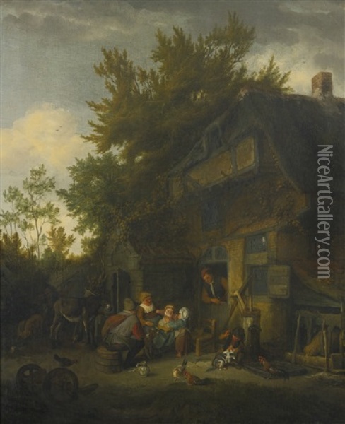 Peasant Family Outside A Cottage Oil Painting - Cornelis Dusart