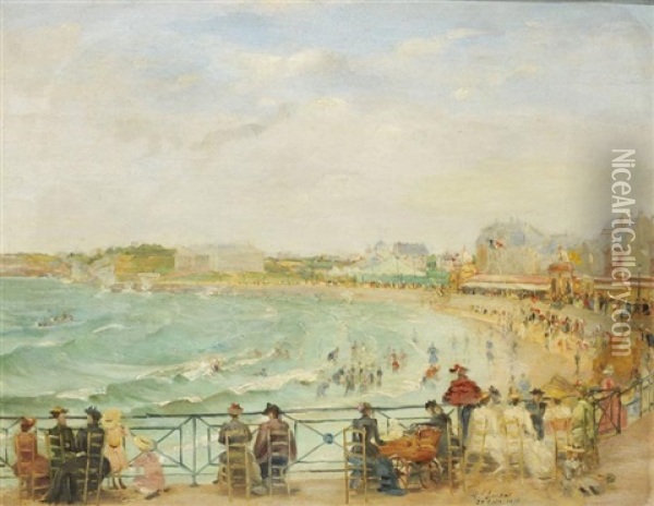 Grande Plage De Biarritz Oil Painting - Henri Jean Pierre Loubat