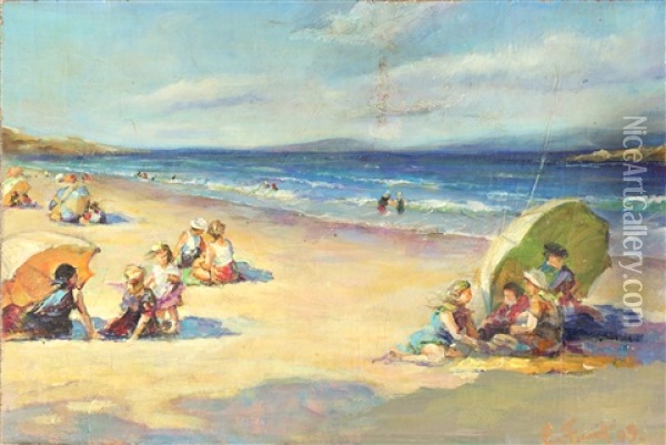 Beach Scene With Umbrellas And Children Oil Painting - Pierre Leonce Furst