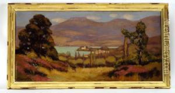 Vue Du Lac D'annecy Etde Duingt. Huile Sur Panneau Signee. 50x102 Cm Oil Painting - Pierre Thevenin