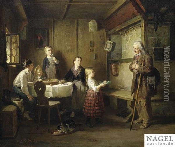 Interior With A Peasant Family Oil Painting - Friedrich Ortlieb