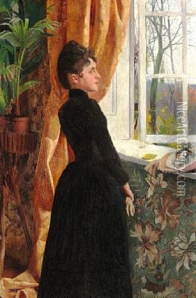 Young Woman Standing At The Window Oil Painting - Carl Carlsen