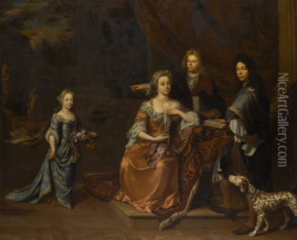 Portrait Of A Family In A Park Landscape, Attended By Their Dalmatian Oil Painting - Jan Verkolje the Elder