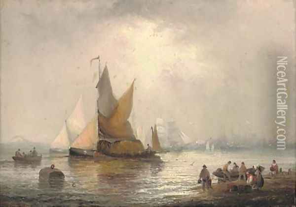 Hay barges on the estuary Oil Painting - William A. Thornley or Thornbery