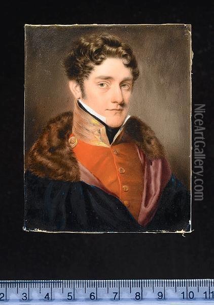 A Officer, Wearing Scarlet Coatee, With Gold Collar Laced Overall And Buttons With Gr Motif, Blue Fur-collared Cloak With Purple Lining. Oil Painting - John Cox Dillman Engleheart